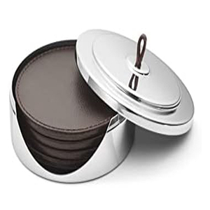 Leather Coaster Set Of 5 With Mirror Polished Stainless Steel Case with Handle - Product Image 1