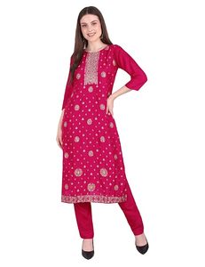 Conjunto de traje SAZU fucsia Chanderi con estampado floral y detalles bordados, elegante conjunto de kurta, pantalón y dupatta en color rosa fucsia. - Product Image 3