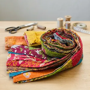 Premium Assorted Kantha <b>Fabric</b> Scrap <b>Strips</b> Recycled Pure Cotton Colorful Printed <b>Fabric</b> 2" Patchwork Sewing DIY Craft Projects - Product Image 3