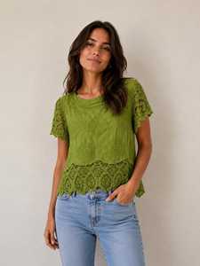 Women's Yellow Lace Floral Embroidery Short Sleeve O-Neck Bohemian <b>Top</b> Summer Pullover - Product Image 6