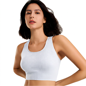 Soutien-gorge de sport côtelé noir à maintien élevé pour femme, haut court, vêtements de yoga et de fitness - Product Image 4