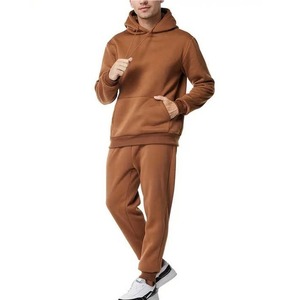 Ensemble de survêtement marron à capuche pour hommes, sweat-shirt et pantalon décontractés de couleur unie à manches longues avec poches latérales et taille élastique - Product Image 1