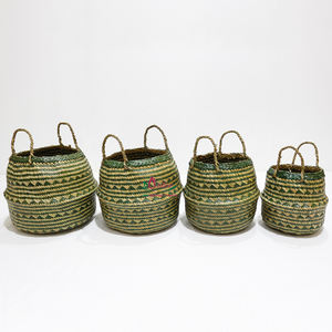 Cestas de mimbre de hoja de palma duraderas Cesta de almacenamiento para el vientre, diseño verde rústico Organización del hogar - Product Image 1