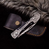 Couteau pliant en acier Damas avec manche gravé, étui de transport vertical, couteau de poche EDC pour la chasse et le camping, couteau à pointe tombante, couteau OEM personnalisé