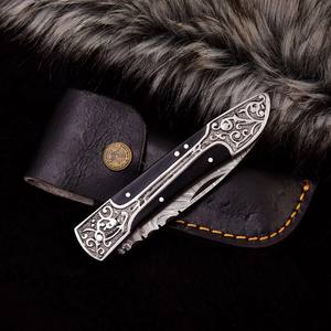 Couteau pliant en acier Damas avec manche gravé, étui de transport vertical, couteau de poche EDC pour la chasse et le camping, couteau à pointe tombante, couteau OEM personnalisé - Product Image 4