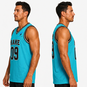 Maillot de basket-ball bleu personnalisé pour hommes, col en v, sans manches, impression sublimée, nom personnalisé, numéro 09, maille respirante, 100% Polyester - Product Image 1