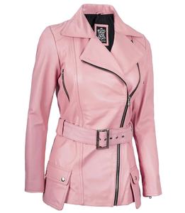 Veste de motard asymétrique en cuir véritable rose pour femme, coupe-vent, éco-responsable, col mandarin, fermeture éclair, fabriquée sur mesure - Product Image 3