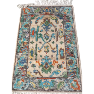 Handmade Antique-Style Wool Carpet Soft Pastel Oushak <b>Rustic</b> Anatolian Accent Mat Deep Teal Medallion Low-Pile <b>Rug</b> - Product Image 2
