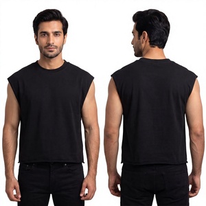 Wholesale Black <b>Cropped</b> Sleeveless Muscle Tank <b>Top</b> <b>Men</b> Cotton Streetwear Cut Off Vest Gym Casual Oversized T-Shirt Bulk OEM - Product Image 1