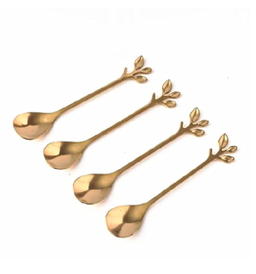 Cuillères à dessert en laiton au design exclusif, avec manche en forme de feuille, 4 pièces - Product Image 1