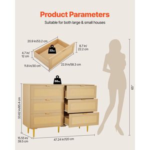 Cómoda Moderna de Madera y Ratán con 6 Cajones, Tiradores y Patas Metálicas, Cómoda Doble para Dormitorio, Cajonera de Ratán Natural - Product Image 3