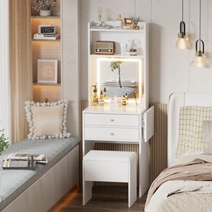 Small Space Makeup <b>Vanity</b> <b>Table</b> Set with 3 Adjustable Lighted <b>Mirror</b> and Storage Chair White Dress-for Limited Areas - Product Image 1