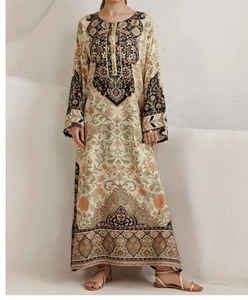 Robe Kaftan Indienne et Pakistanaise pour Femme, Longue, Ample, Imprimée Florale Noire, Brodée, Couleur Crème - Product Image 5