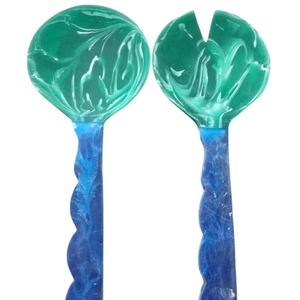 Elegante Juego de Servidores de Ensalada de Resina con Cuentas, Diseño de Mármol Aqua Swirl, Cuchara y Tenedor Hechos a Mano, Utensilios de Cocina Modernos - Product Image 1