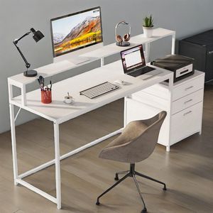 Bureau informatique ergonomique de 63 pouces avec tiroir de rangement, support d'écran et espace pour imprimante, finition bois élégante - Product Image 2
