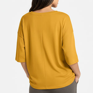 T-shirt en tricot à col rond jaune moutarde pour femme avec logo personnalisé, manches trois quarts, coupe ample, couleur unie, toutes saisons - Product Image 2