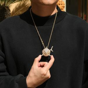 จี้รูปฉลามประดับเพชรซิร์คอนแบบไมโครสไตล์ฮิปฮอป พร้อมสร้อยคอทองเหลืองฝังเพชรเต็มเส้นสำหรับผู้ชาย - Product Image 5