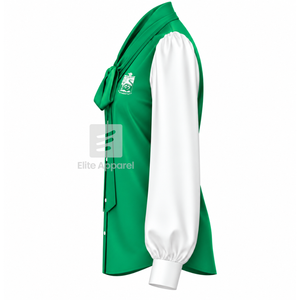 Blusa de satén de la hermandad Iota Phi Lambda con cuello de lazo y logo bordado, manga abullonada, blusa moderna verde y blanca para mujer. - Product Image 4