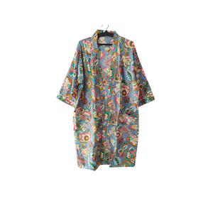 ชุดนอนผ้าฝ้ายทำมือลายดอกไม้สำหรับผู้หญิง เสื้อคลุมกิโมโนสีเทา คอวี แขนยาว มีกระเป๋าด้านหน้า ชุดลำลอง - Product Image 1