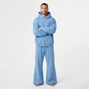 High Quality Men Cotton Fleece Tracksuit Custom Two Piece Set Full Zip Hoodie <b>Wide</b> <b>Leg</b> <b>Jogger</b> Custom Logo - Product Image 6