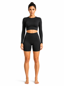 Conjunto de Yoga de 2 Piezas Negro para Mujer: Top Corto de Manga Larga con Cuello Redondo y Shorts de Ciclismo de Cintura Alta, Ropa Deportiva Acordonada Sin Costuras - Product Image 3