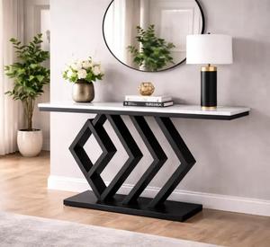 Modern Geometric Marble Top <b>Console</b> Table With <b>Black</b> Metal Base Indoor Living Room Decor Accent Piece - Product Image 2