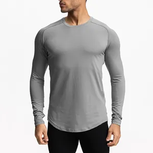 T-shirt de compression à manches longues pour homme, noir, séchage rapide, coupe ajustée, sportif, col rond, tricoté en polyester, haut athlétique - Product Image 6