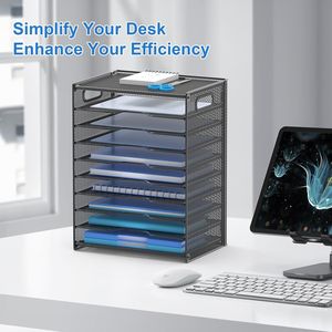 Organisateur de papier noir à 10 niveaux avec poignées, porte-documents en maille pour bureau et école - Product Image 2