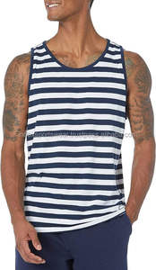 Men's Striped Sleeveless <b>Tank</b> <b>Top</b> O-Neck Knitted Casual Wear Navy <b>White</b> - Product Image 4
