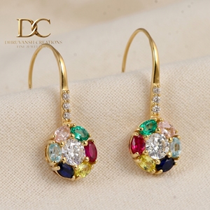 14KT Solid Yellow Gold Hoop Drop <b>Earring</b> with Lab Grown Diamond and Multi Gemstone IGI Certified Vintage <b>Fine</b> Jewelry for Women - Product Image 2
