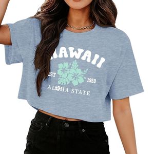Camisetas Holgadas con Estampado Hawaiano en Oferta, Color Azul Cielo, Algodón, Manga Corta, Estilo Moderno para Vacaciones, Tops Cortos para Mujer - Product Image 3
