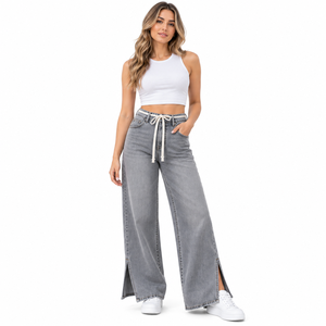 Vaqueros de mujer de cintura alta, pierna ancha, con cordón, de mezclilla, corte holgado, dobladillo dividido, casual, talla grande, largo completo, gris lavado a la piedra - Product Image 1