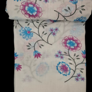 Tela de Algodón Blanco Premium de Alta Calidad con Bordado Floral en Rosa, Azul y Verde - Material Bordado Multicolor - Product Image 2