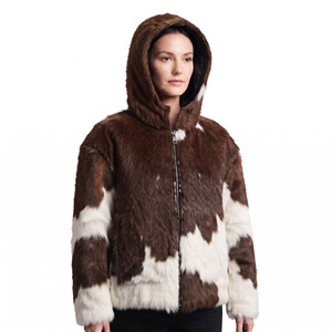 Sudadera con capucha de piel de vaca para mujer con cremallera, capucha de piel de vaca con pelo y bolsillos laterales, manga larga - Product Image 1