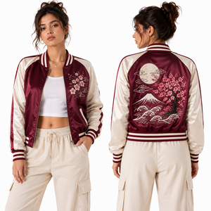 Venta al por Mayor de Chaquetas Cortas de Satén para Mujer con Bordado Botánico y Dobladillo Elástico, Marca Privada, OEM, Logotipo Personalizado, Producción en Masa - Product Image 5