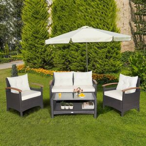 Ensemble de conversation en rotin pour patio 4 pièces avec coussins et table de rangement – Mobilier d'extérieur durable pour la détente - Product Image 6