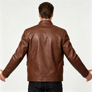 Veste moto en cuir véritable, coupe ajustée, fermeture éclair, col rabattable. - Product Image 4