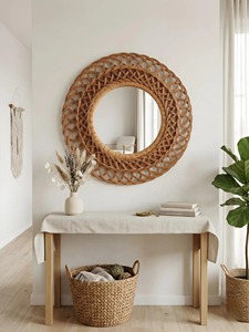 Elegant Stylish Round Rattan Wall <b>Mirror</b> Handcrafted Natural Fiber Frame For Boho Living Room Bedroom Decor From India - Product Image 5