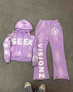 Ensemble de survêtement unisexe personnalisé avec impression sérigraphique, comprenant un sweat à capuche court à ourlet brut et délavé et un pantalon, pour femmes et hommes - Product Image 2