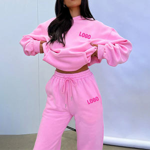 Wholesale Women's Solid <b>Pink</b> 100% Cotton Fleece Fall <b>Tracksuit</b> Girl's Mid Waist Loose Fit Oversize Jogging Sportswear <b>Tracksuits</b> - Product Image 2