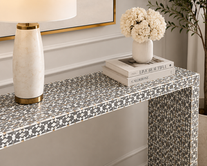 Modern Handmade Wood Console <b>Table</b> Entryway Decorative Hall <b>Table</b> with <b>Marble</b> Patterned <b>Top</b> and Open Base - Product Image 4