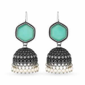 Wholesale Oxidized Silver Aqua Blue <b>Cat</b> Eye Stone Cushion Cut Pearl Jhumka <b>Earrings</b> for Women Ethnic Boho Jewelry - Product Image 2