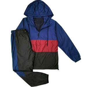 Unisex Hooded Tracksuit Full Sleeve Drawstring Closure Sporty Style Color Blocking Blue Red Black Polyester Regular Fit Spri - Product Image 1