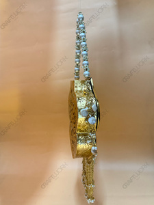 Luxury Gold Metal Minaudiere <b>Clutch</b> Pearl Handle Evening Bag Vintage Floral Embossed <b>Wedding</b> Purse Wholesale Supplier - Product Image 4
