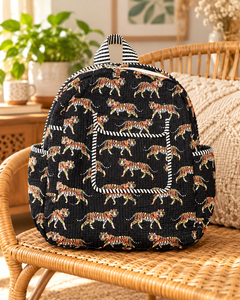 Elegante Mochila Negra Acolchada de Algodón con Estampado de Tigre Colorido, Bolso de Viaje Bohemio Hecho a Mano, Bolso Acolchado de Algodón Negro Hecho a Mano - Product Image 3