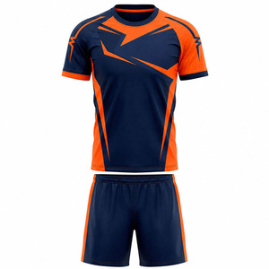 Ensemble de tenue de handball personnalisé pour hommes, col en V, bleu marine et orange, anti-humidité, pour équipes nationales et sportives, vente en gros - Product Image 1