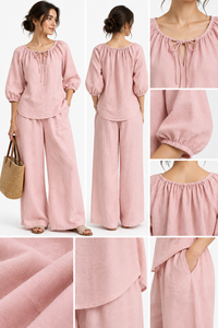 Ensemble deux pièces tendance pour l'été : haut rose à manches bouffantes et pantalon large – Vêtements décontractés unis pour la vente en gros B2B – Fournisseur en gros - Product Image 6