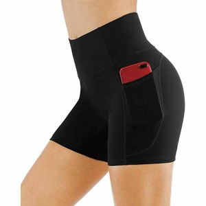 Shorts noirs taille haute pour femmes, couleur unie, taille élastique, style sportif, tissu tricoté avec poches, coupe régulière - Product Image 3