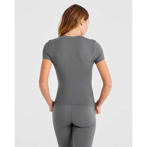 Camiseta de Punto para Mujer, Color Gris Sólido, Manga Corta, Cuello Redondo, Deportiva, Transpirable, para Todas las Temporadas - Product Image 5