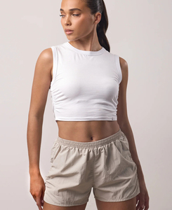 <b>Women's</b> 2 Piece Set <b>White</b> Sleeveless Crop Top With Beige <b>Shorts</b> Solid Color Knitted Cotton Sporty Casual Spring Summer Wear - Product Image 1